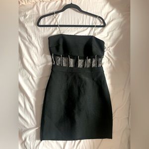 Black homecoming/prom dress with mesh and rhinestone panel & rhinestone straps!